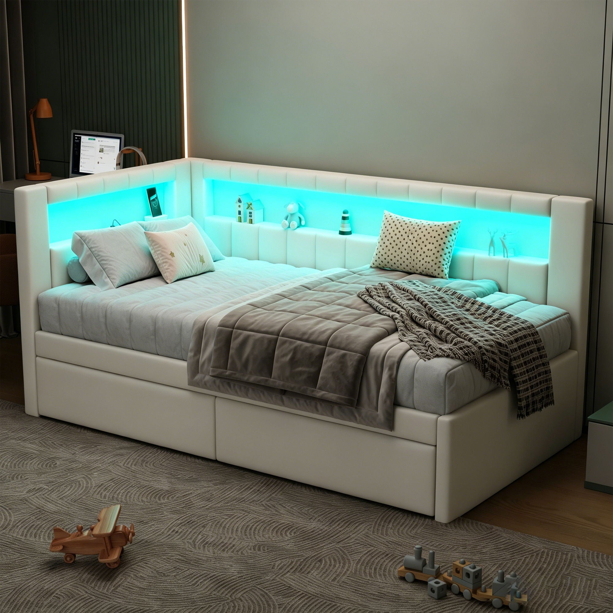 Upholstered Platform Bed With USB Ports And LED Belt