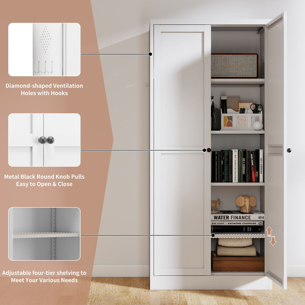 Metal Kitchen Pantry Cabinet With Adjustable Storage And 4 Heavy Duty Shelves - White