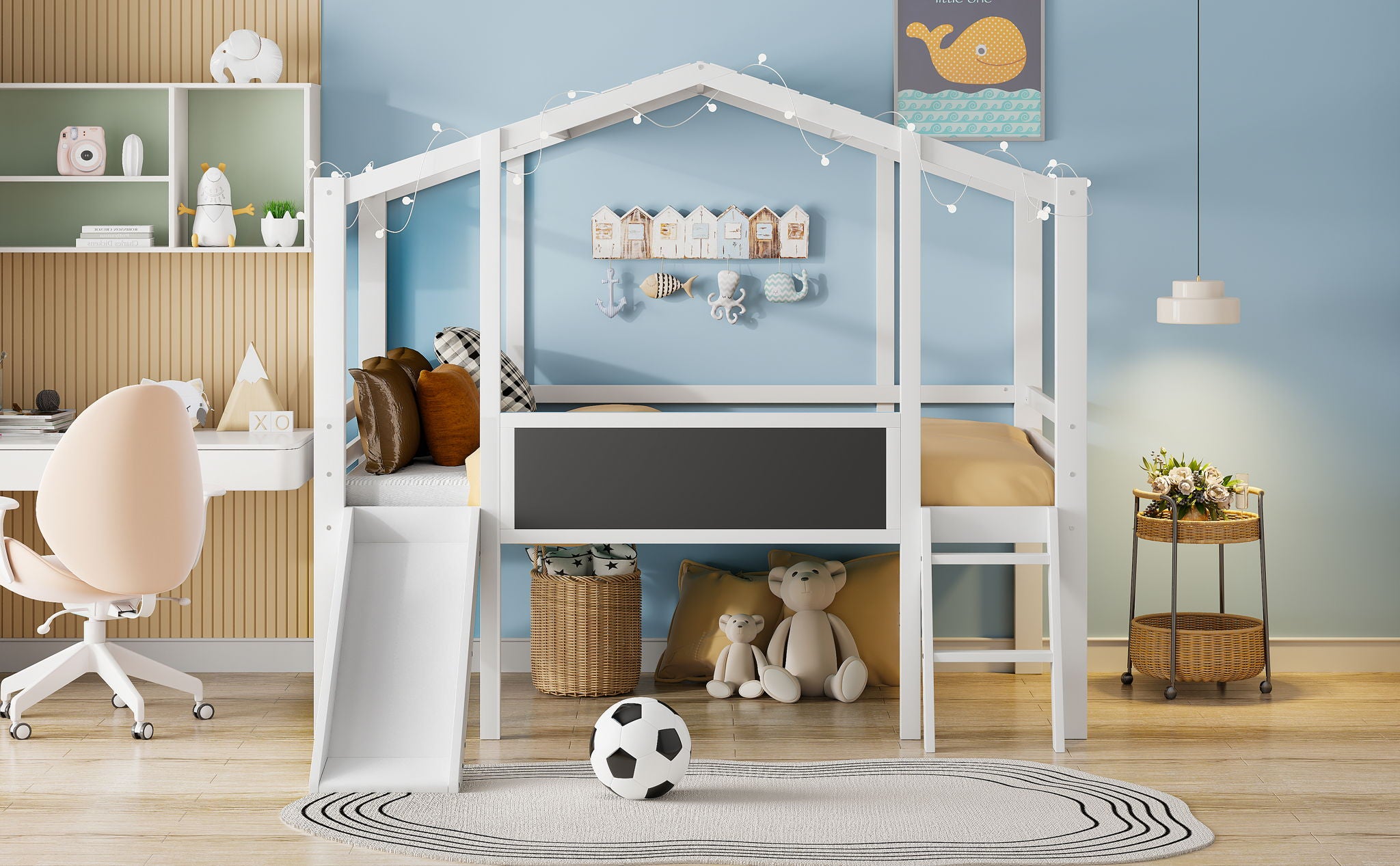 Loft House Bed With Ladder And Slide, With board And Light Strip On The Roof