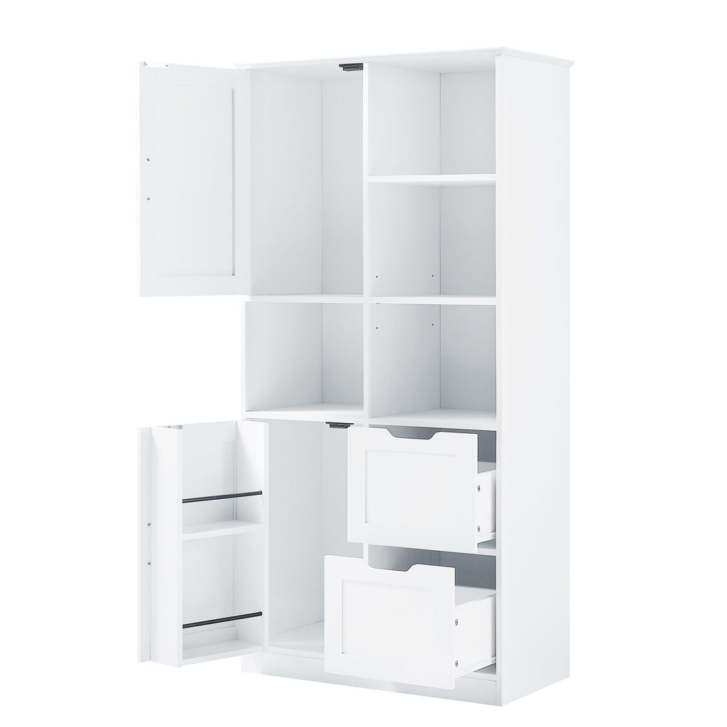 Freestanding Bathroom Storage Cabinet With Doors And Drawers, Adjustable Shelf, Open Shelves - White
