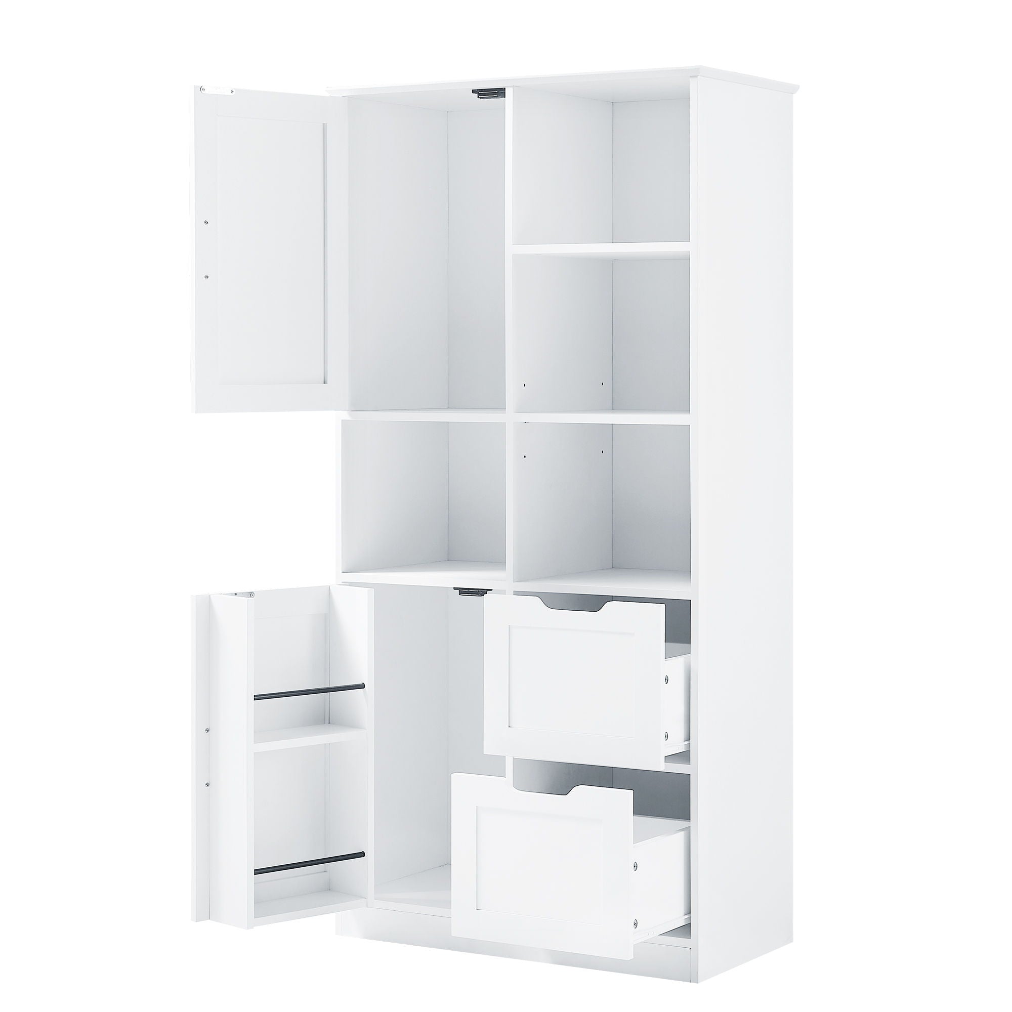Freestanding Bathroom Storage Cabinet With Doors And Drawers, Adjustable Shelf, Open Shelves - White