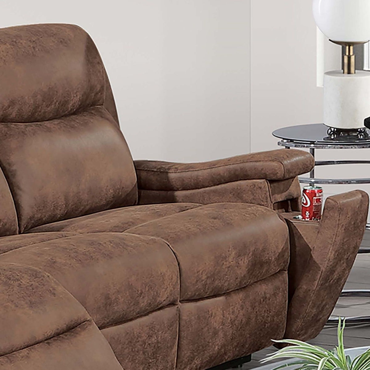 1 Piece Manual Motion Sofa Console Loveseat With Plush Back Cushion And Hidden Cup Holder - Walnut