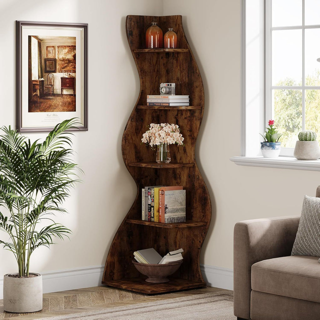 5 Tier Wavy Corner Bookshelf And Plant Stand For Living Room