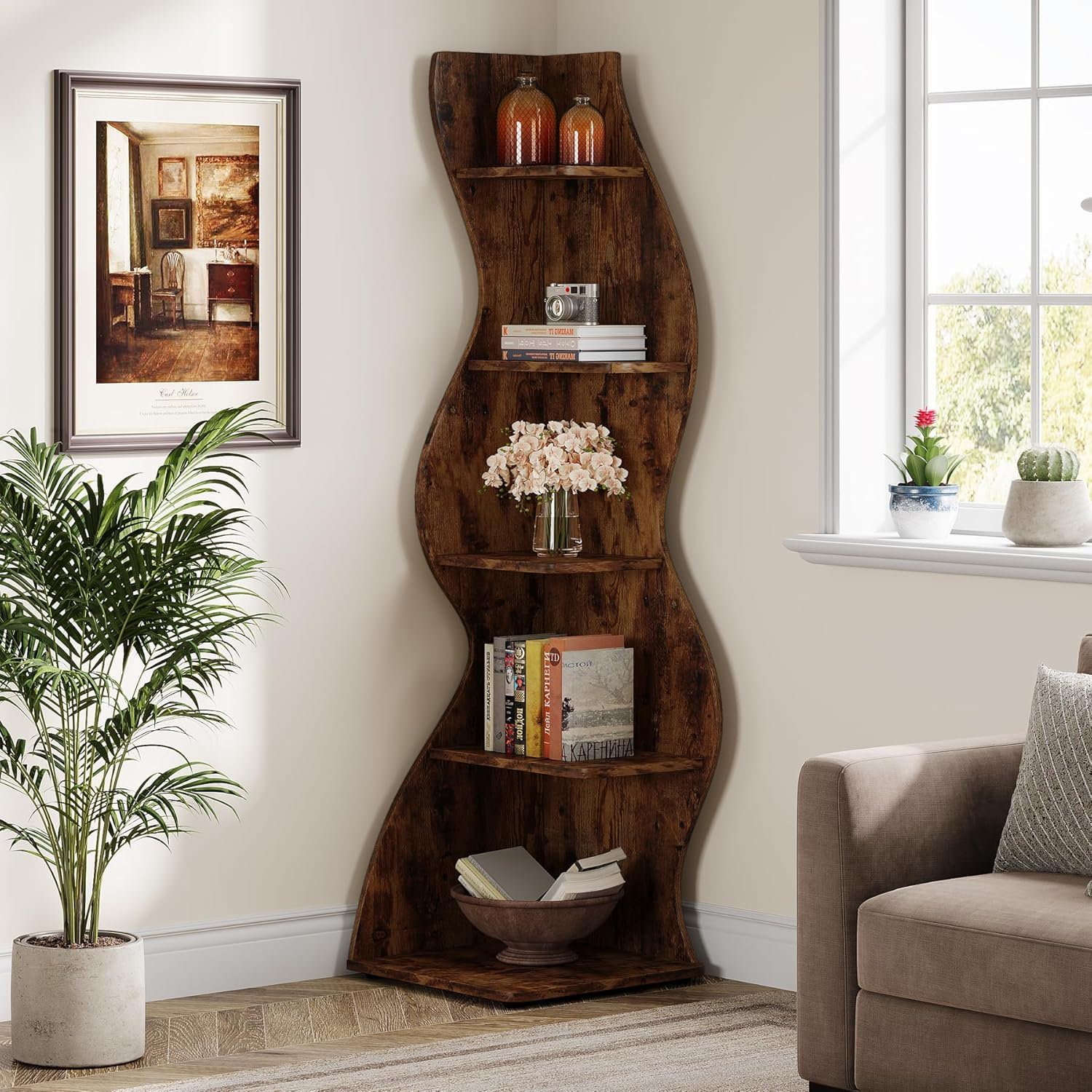 5 Tier Wavy Corner Bookshelf And Plant Stand For Living Room