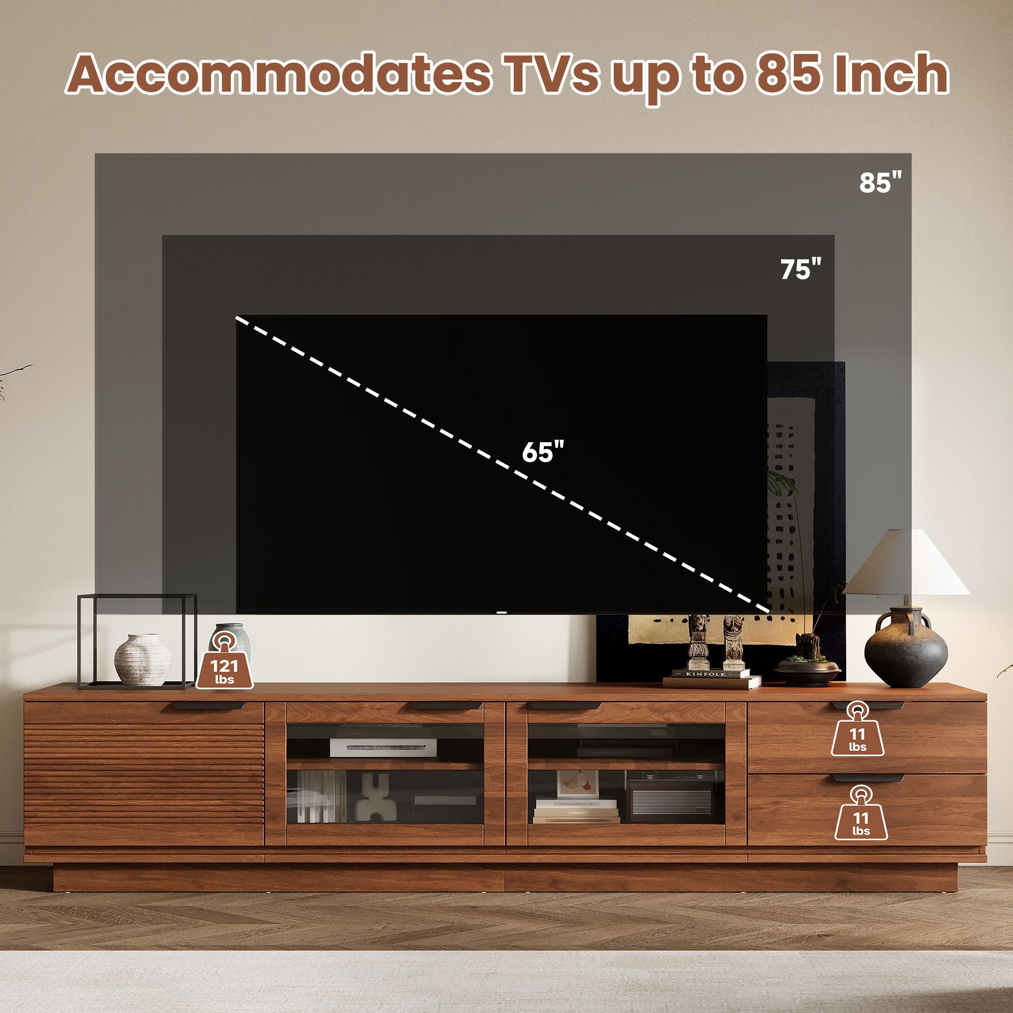 TV Stand With 2 Drawers, Doors & Cable Management, Soft Closing Hinges - Walnut