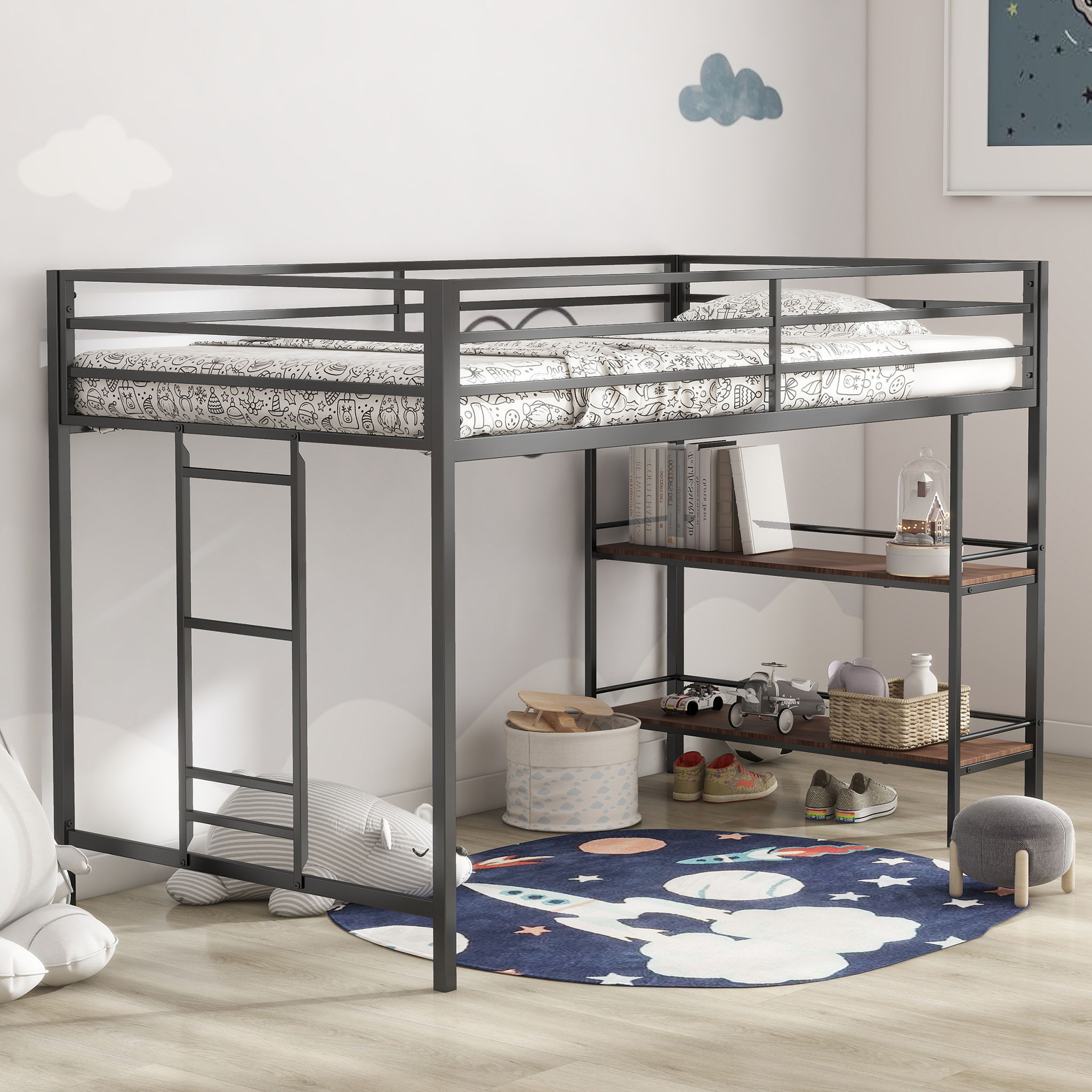 Adam - Twin Loft Bunk Bed With Cinnamon Wood Shelf - Black