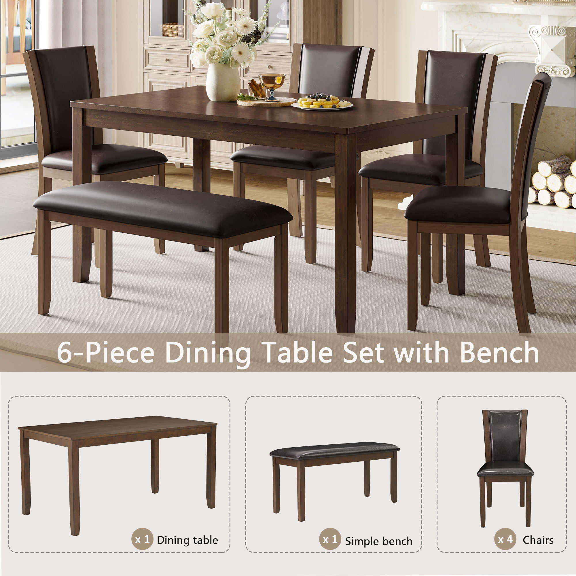6 Piece Dining Table Set & Bench And Chairs For Dining Room - Dark Walnut