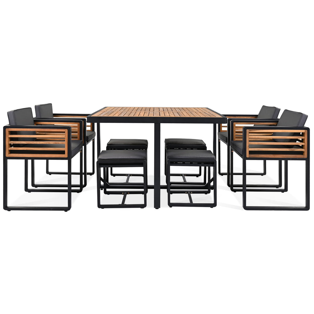 Acacia Wood Patio Dining Set, Cushioned Chairs & Ottomans Square Table