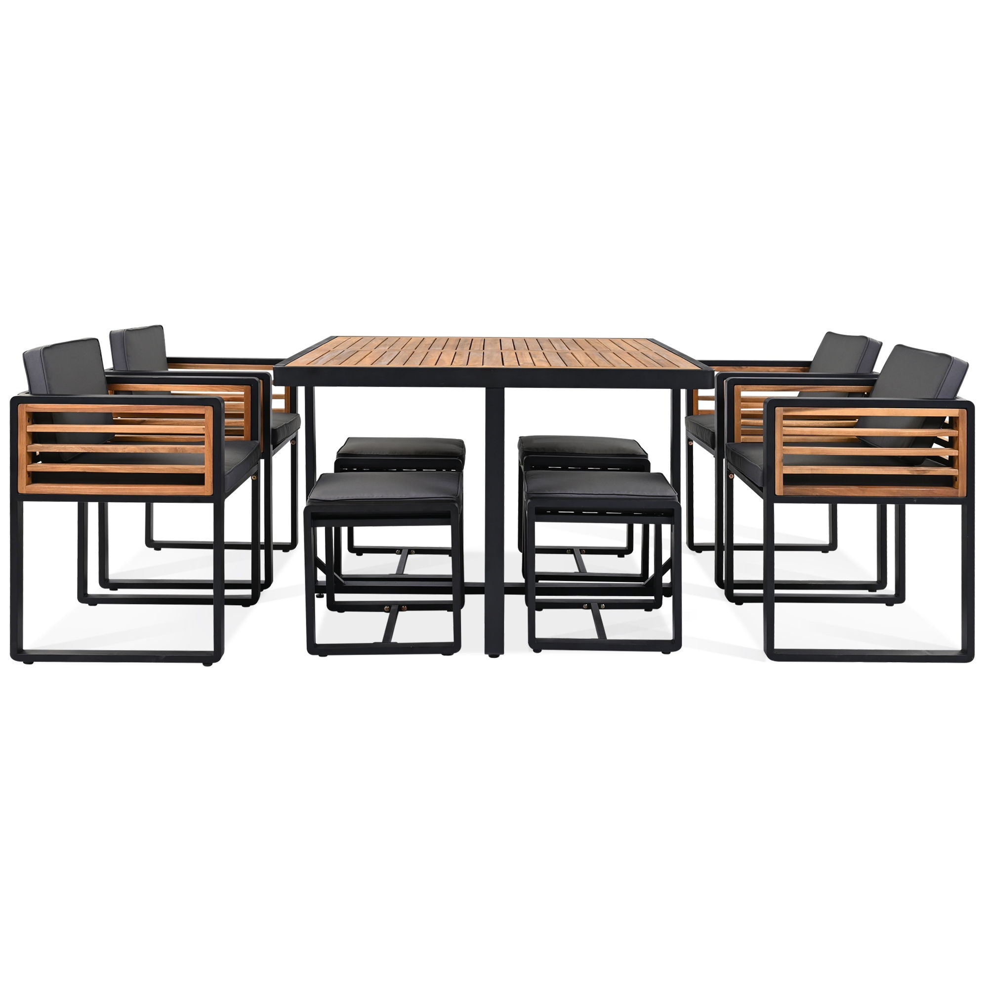Acacia Wood Patio Dining Set, Cushioned Chairs & Ottomans Square Table
