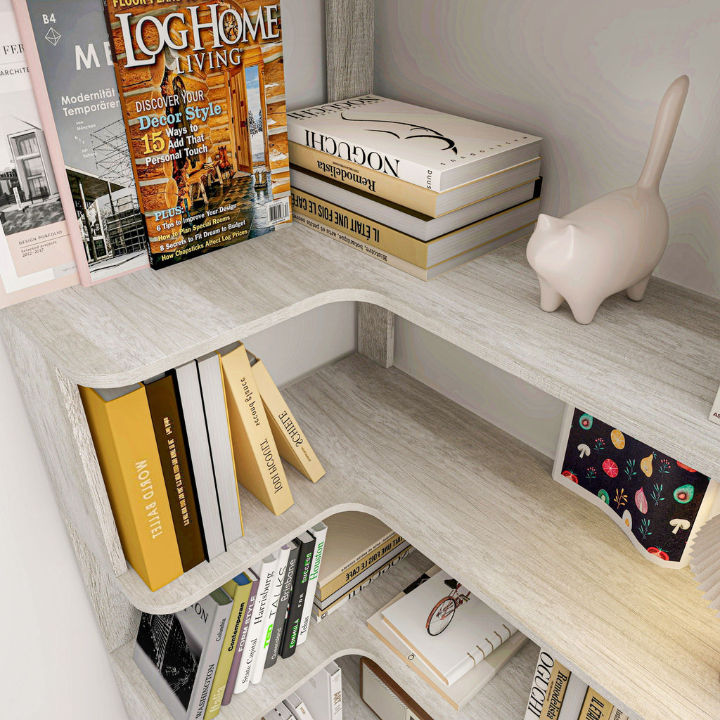 L-Shaped Corner Bookshelf 90Cm Extended Size 5 Tier Freestanding Display Shelf With Anti Tip Safety Features - Light Gray
