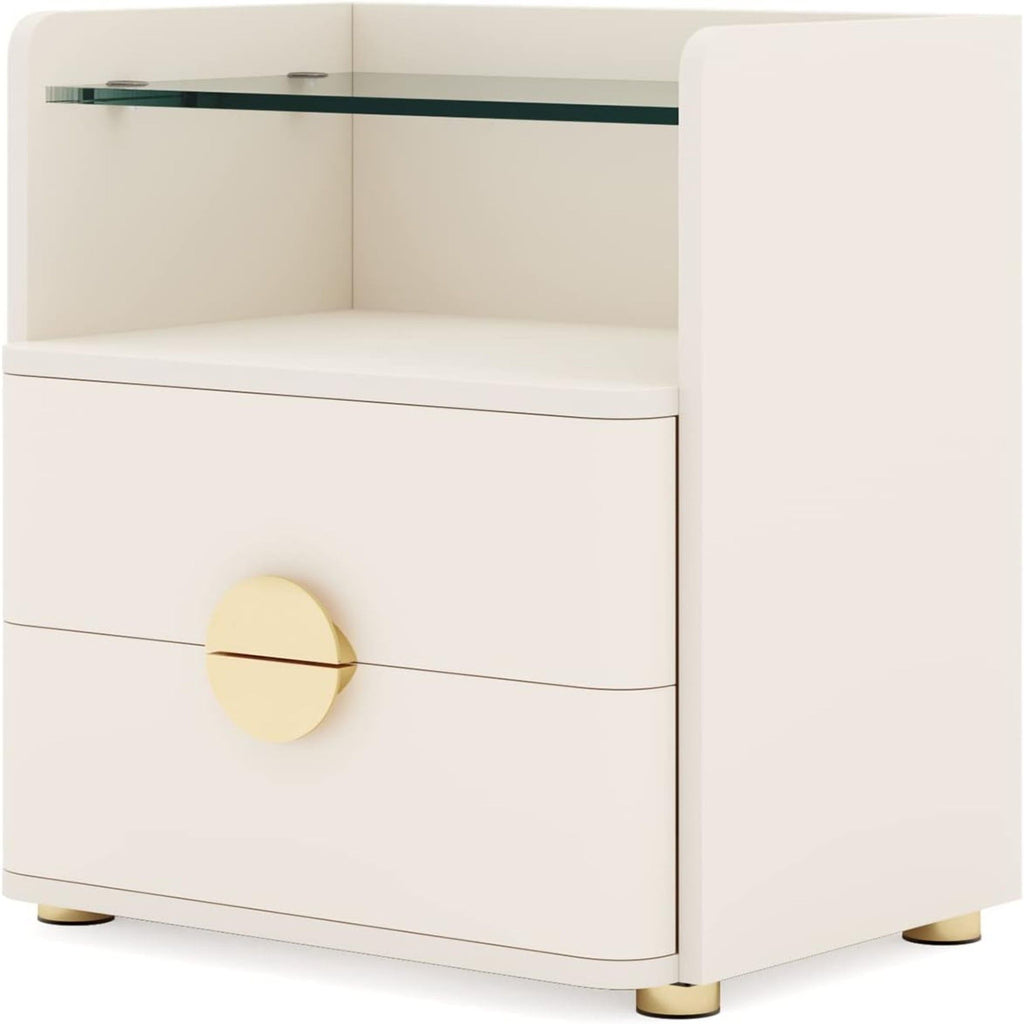 2 Drawer Nightstand With Open Shelf, Bedside Table - Beige