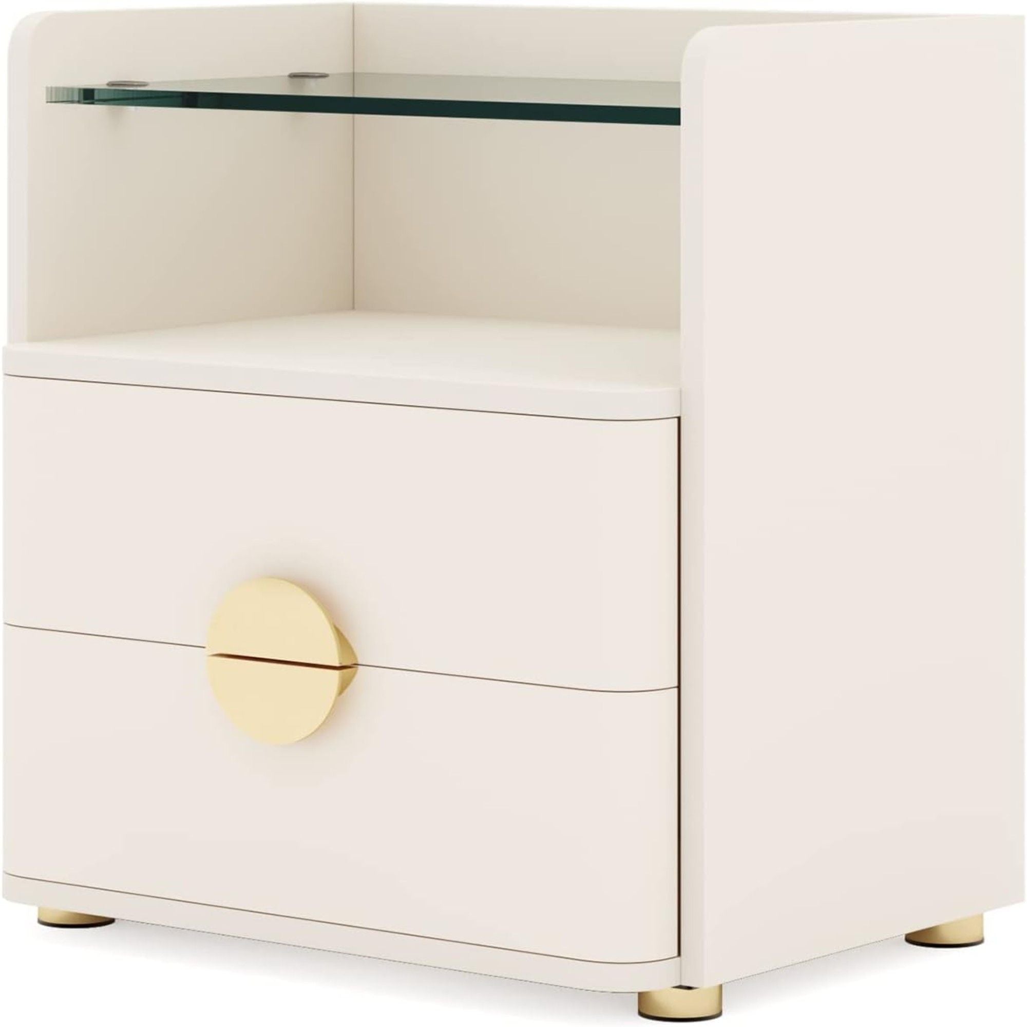2 Drawer Nightstand With Open Shelf, Bedside Table - Beige