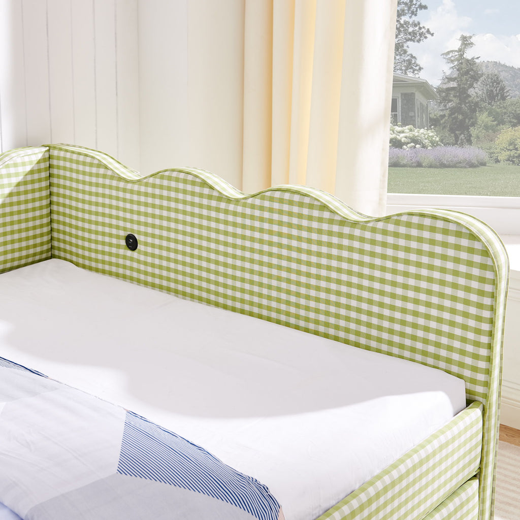 Gingham Daybed & USB Charging Port, Wave-Shaped Design