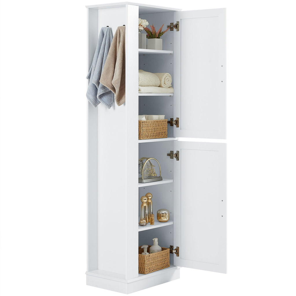 Tall Freestanding Bathroom Storage Cabinet With Adjustable Shelves And Side Hooks