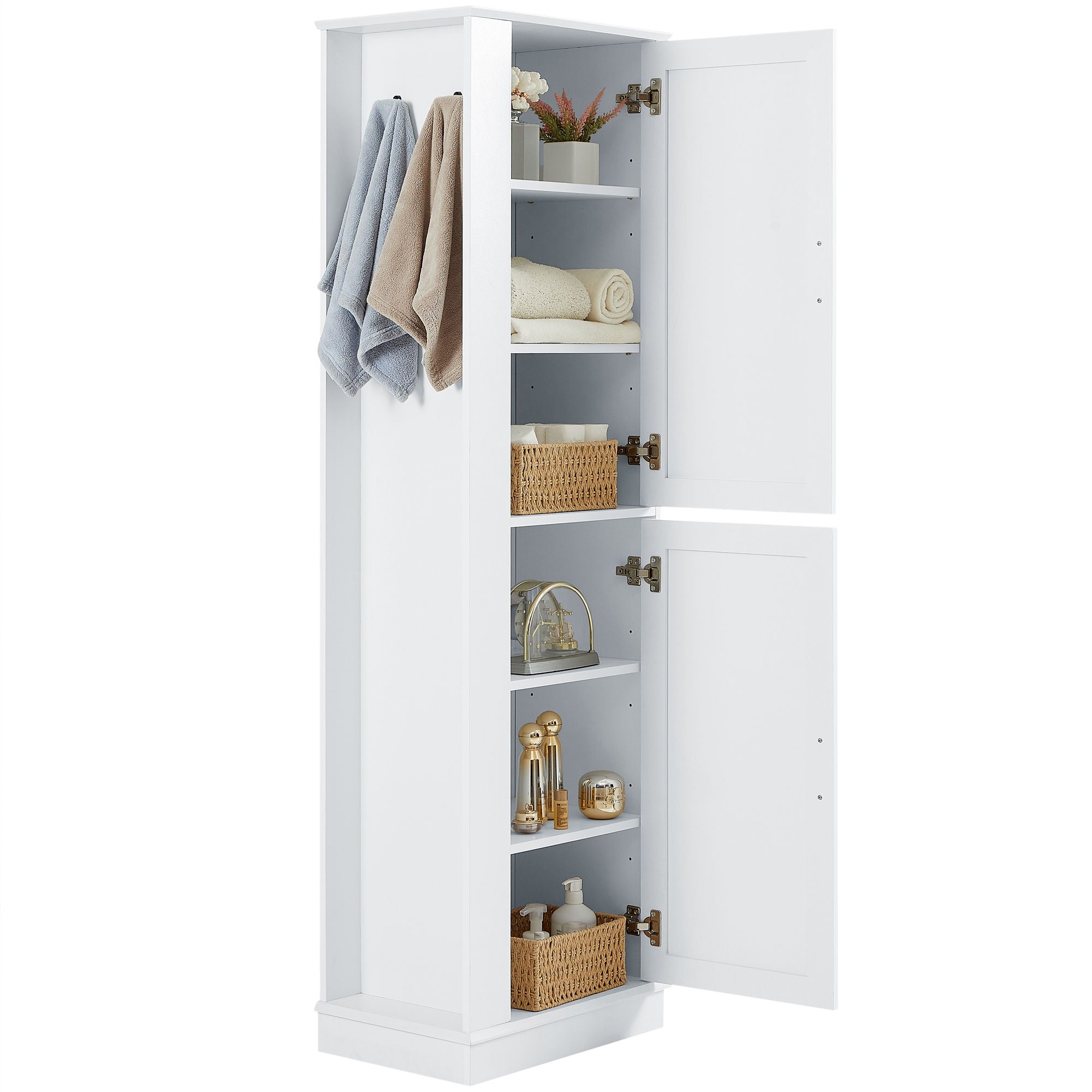 Tall Freestanding Bathroom Storage Cabinet With Adjustable Shelves And Side Hooks