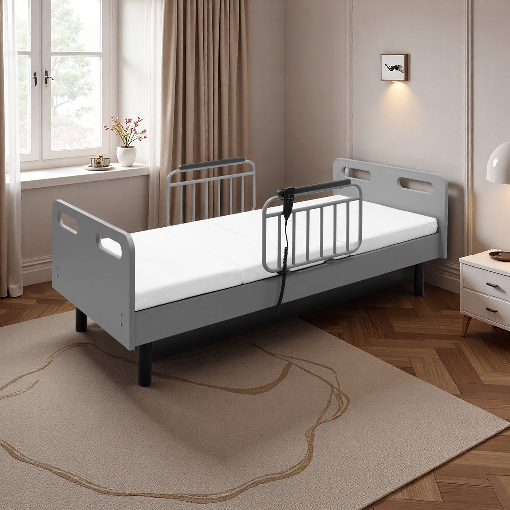 Electric Adjustable Hospital Bed For Home Use With Wired Remote Control, Memory Foam Mattress - Gray / White