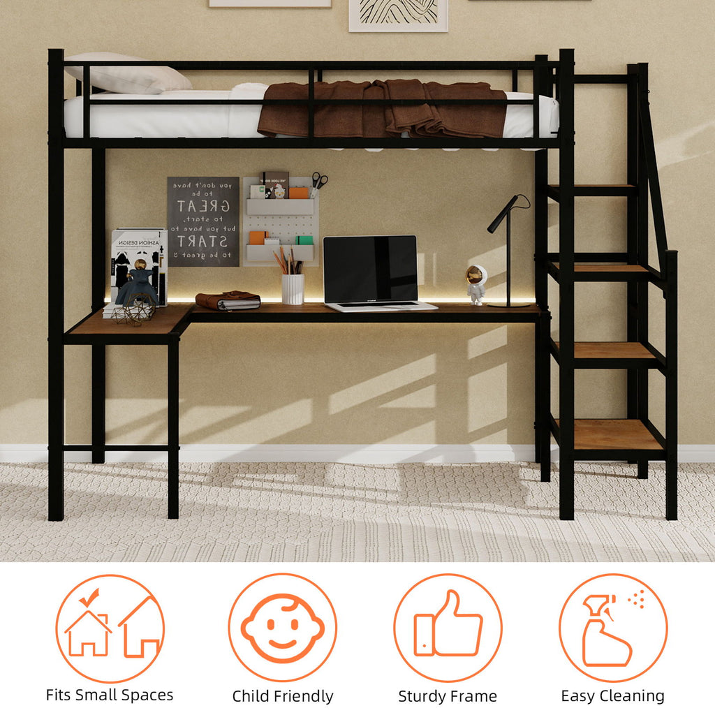 Loft Bed & L-Shaped Desk, Large Storage Space