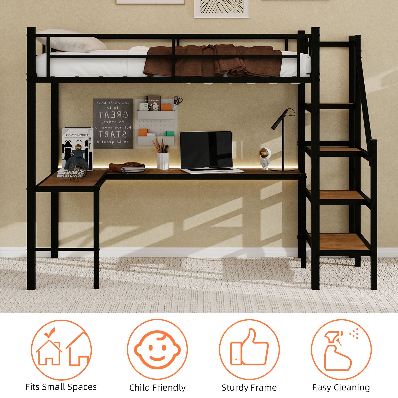 Loft Bed & L-Shaped Desk, Large Storage Space