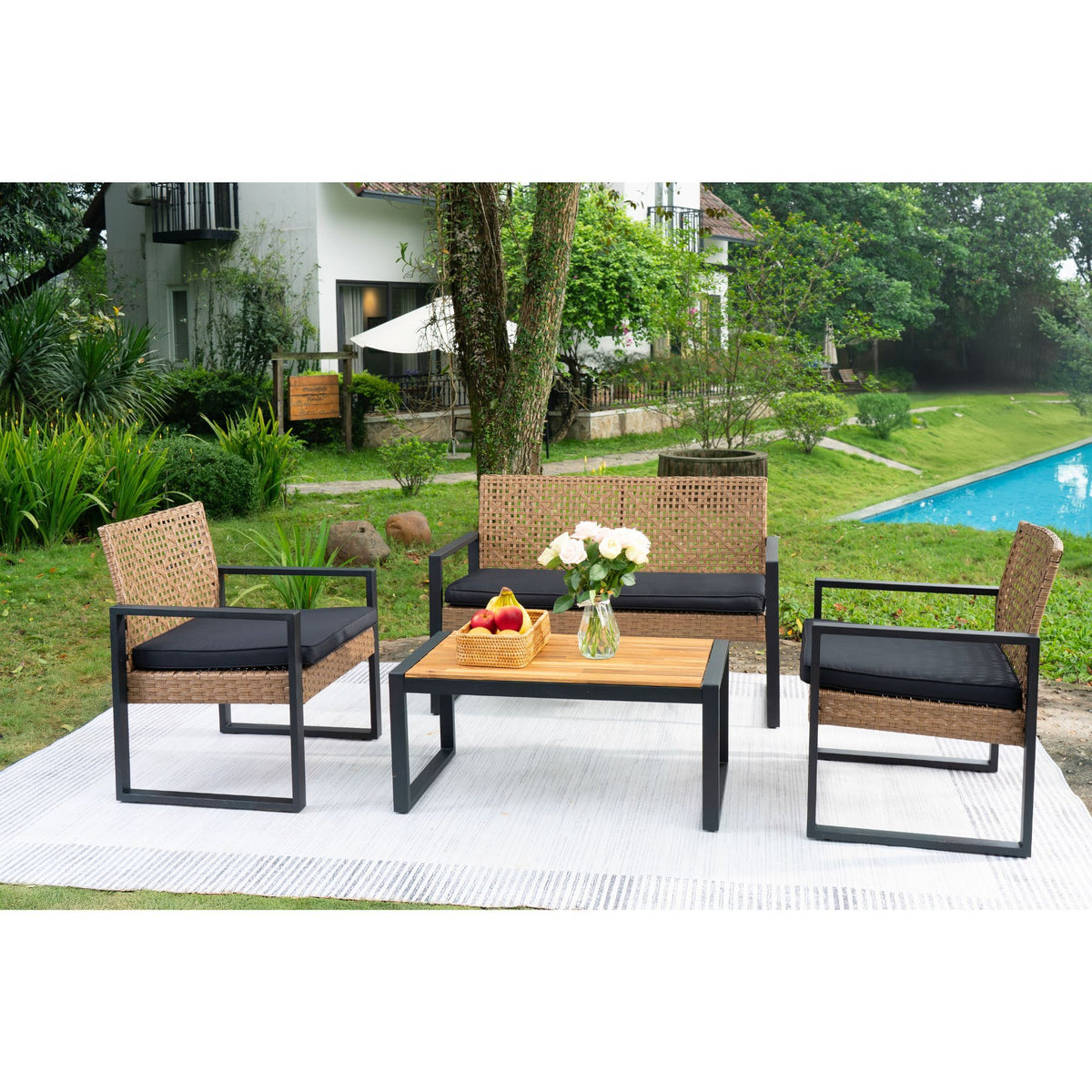4 Piece Patio Furniture Set With Acacia Wood Table Top And Cushions