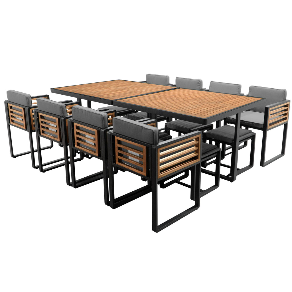 Acacia Wood Patio Dining Set, Cushioned Chairs & Ottomans Square Table