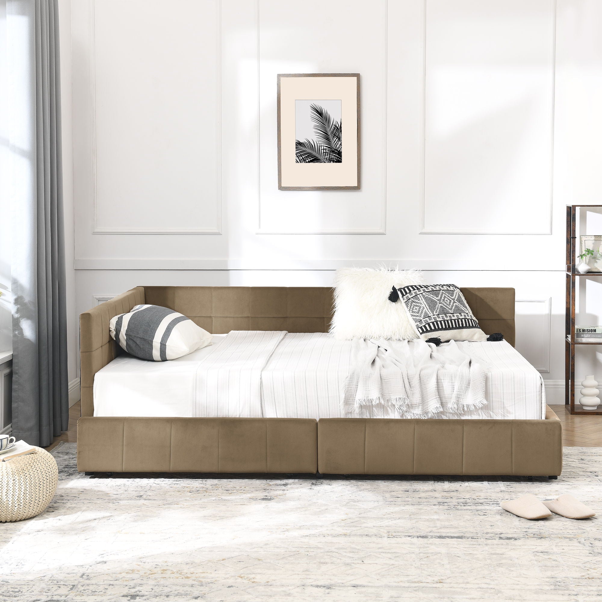 Storage Upholstered Tufted Bed Frame With Backrest And Armrests