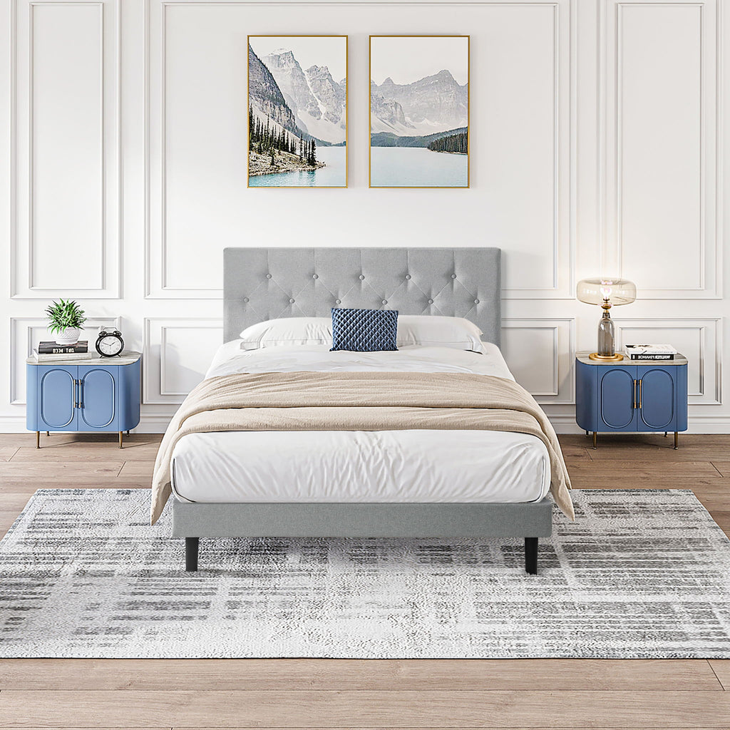 Modern Upholstered Platform Bed Frame With Button Tufted Fabric Headboard