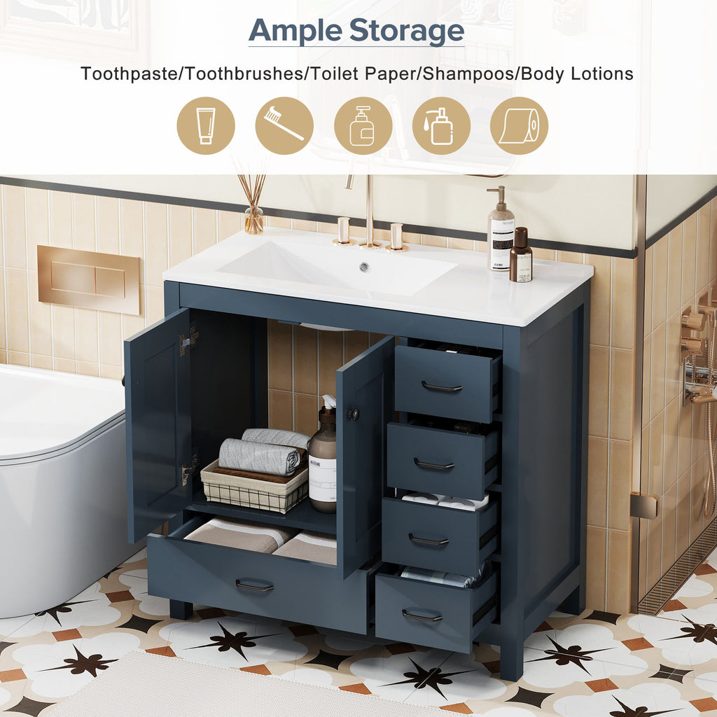 Bathroom Vanity With Ceramic Sink Combo, Abundant Storage Cabinet 2 Soft Close Doors And 5 Drawers