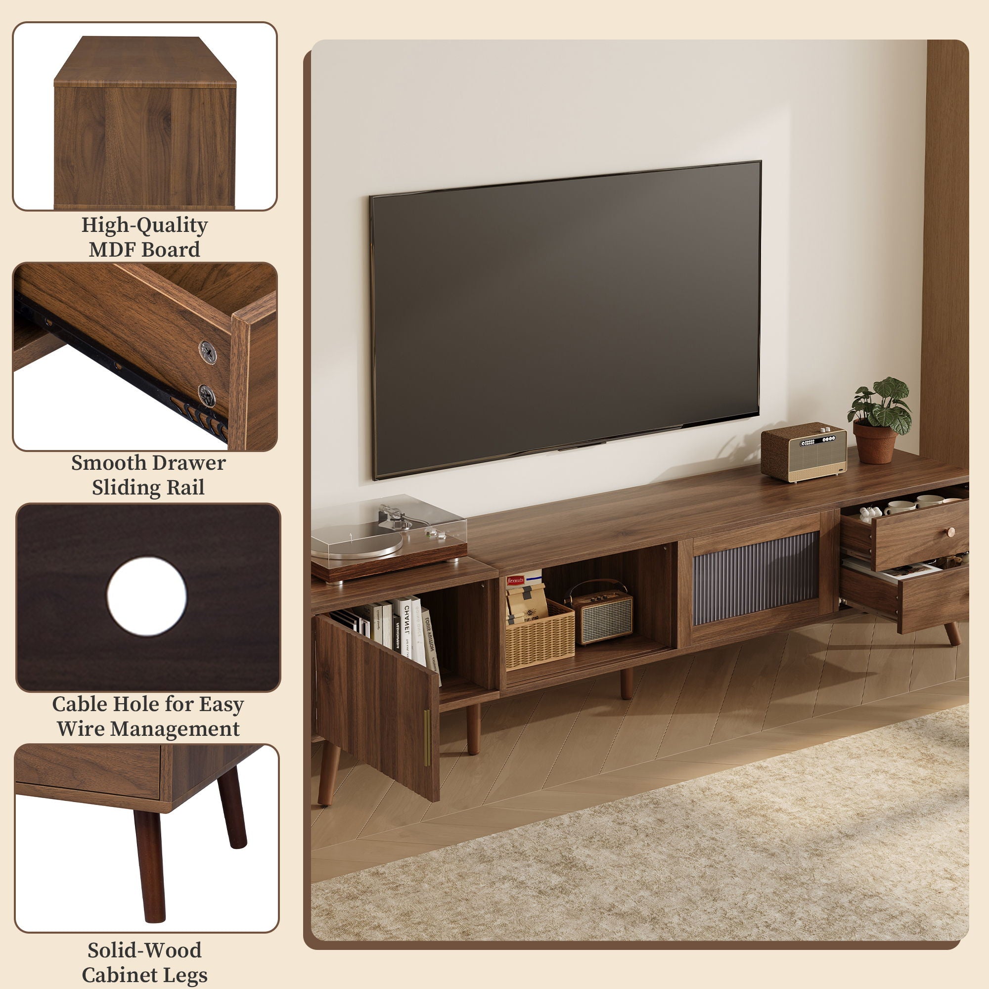 Doors TV Stand For TVs Up To 85", Entertainment Center With Storage Cabinets, TV Media Console Table For Living Room - Natural