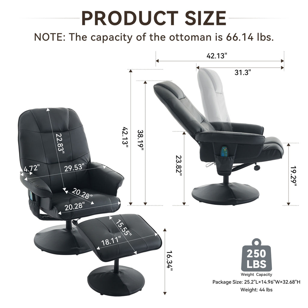 360° Swivel Reclining Chair With Wrapped Base, 5 Point Vibration Massage