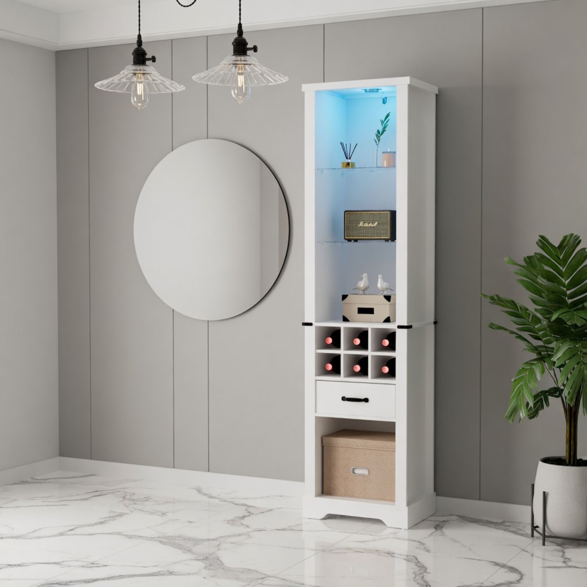 Pantry Cabinet With LED Lights, Wine Rack, Tempered Glass Shelves, And Barn Door Design - White