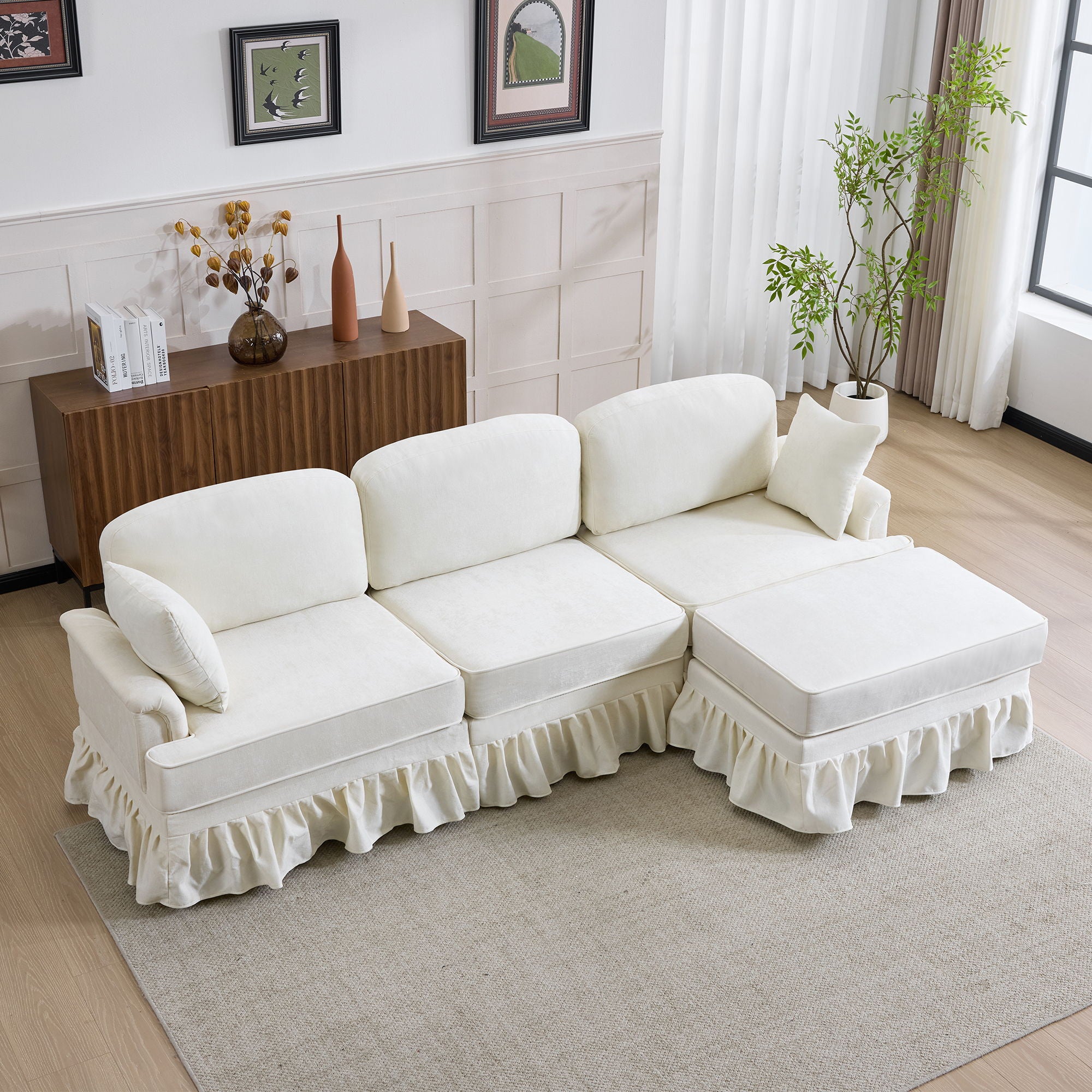 Cloud Sofa With Removable Ruffled Skirt With Ottoman And Flared Arms