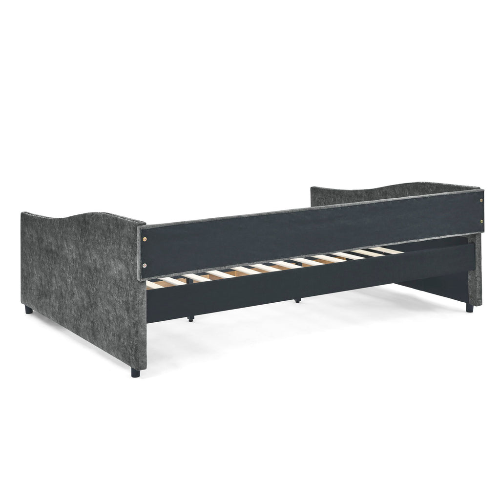 Queen Size Upholstered Daybed With Tufted Back And Nail Trimmed Waved Arms - Gray