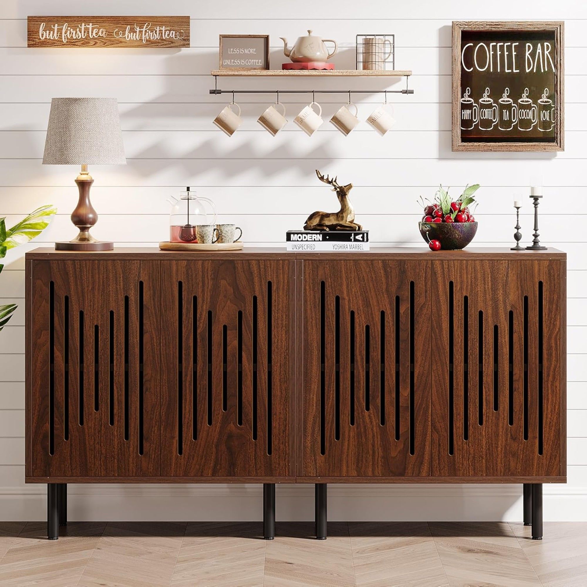 Buffet Sideboard Cabinets With Adjustable Shelves For Dining Room (Set of 2) - Dark Brown