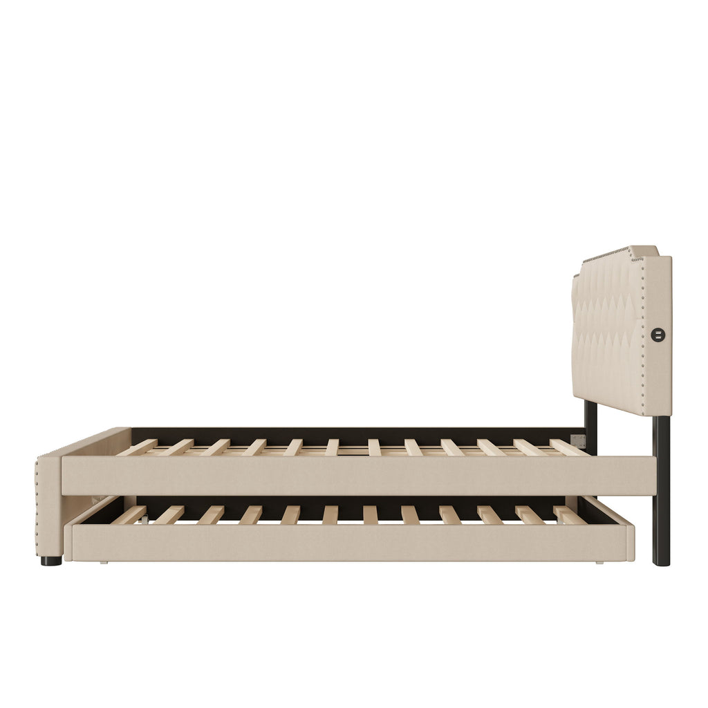 Upholstered Platform Bed With Trundle And 2 Sets Of USB Ports On Each Side, Fabric