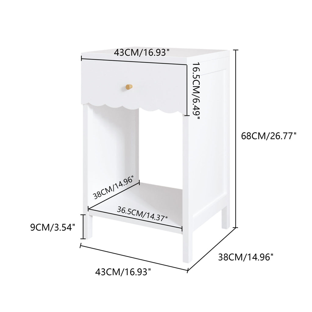 Nightstand With Drawer And Open Shelf, Scalloped Edge Bedside Table