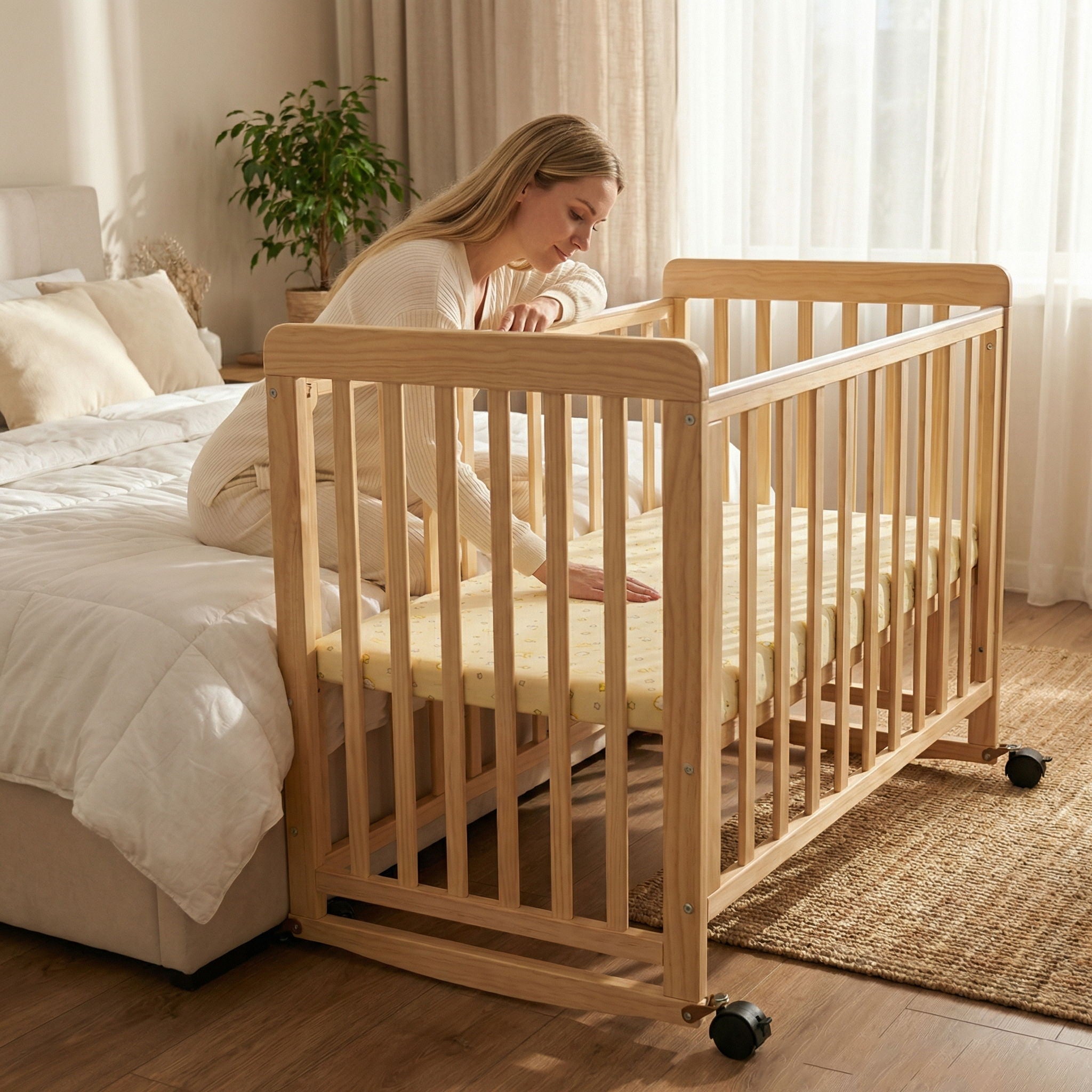 Portable Bedside Bassinet With 3 Heights, Mini Crib For Newborns - Natural Wood