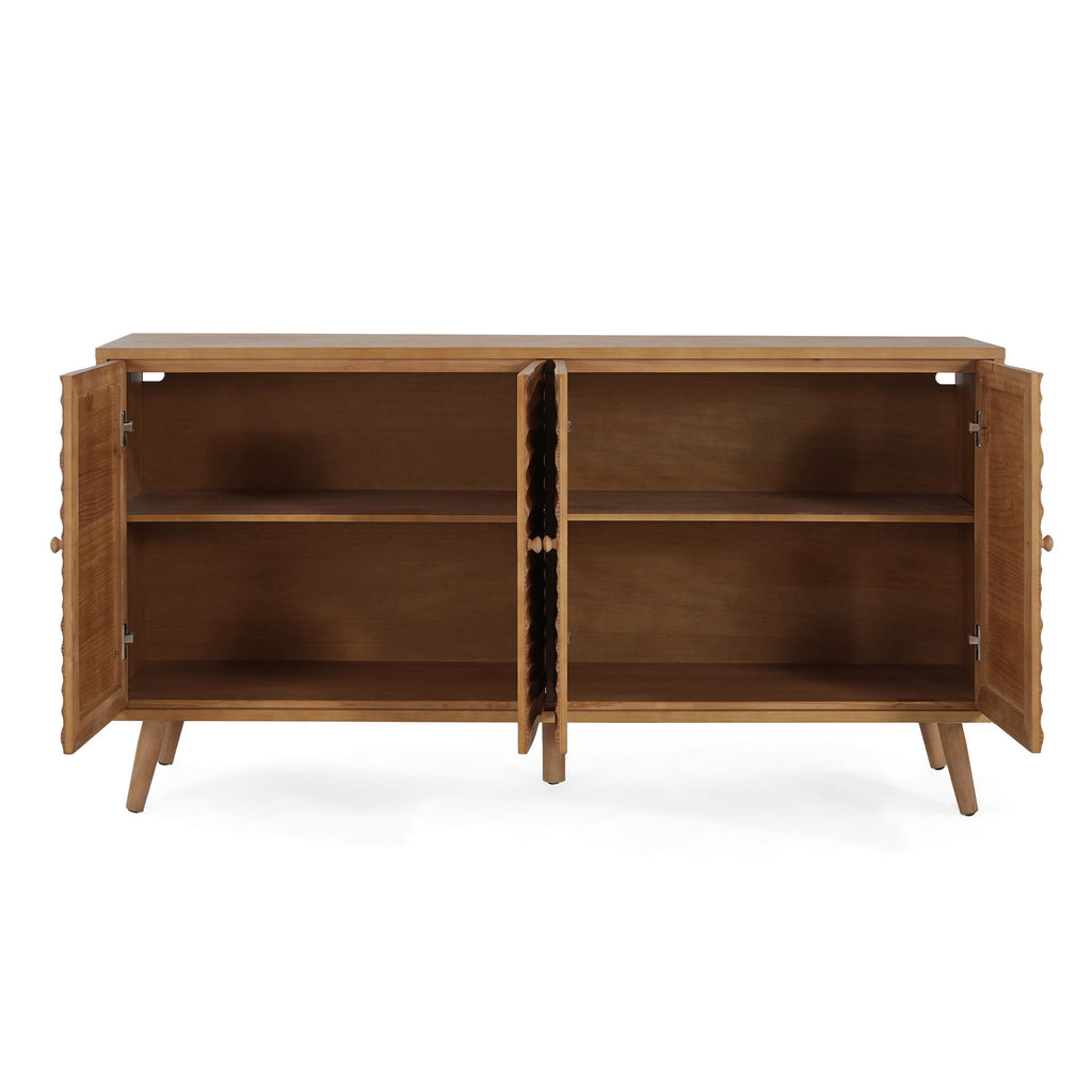 4 Door Sideboard, Wavy Pattern Doors, Adjustable Shelves - Natural