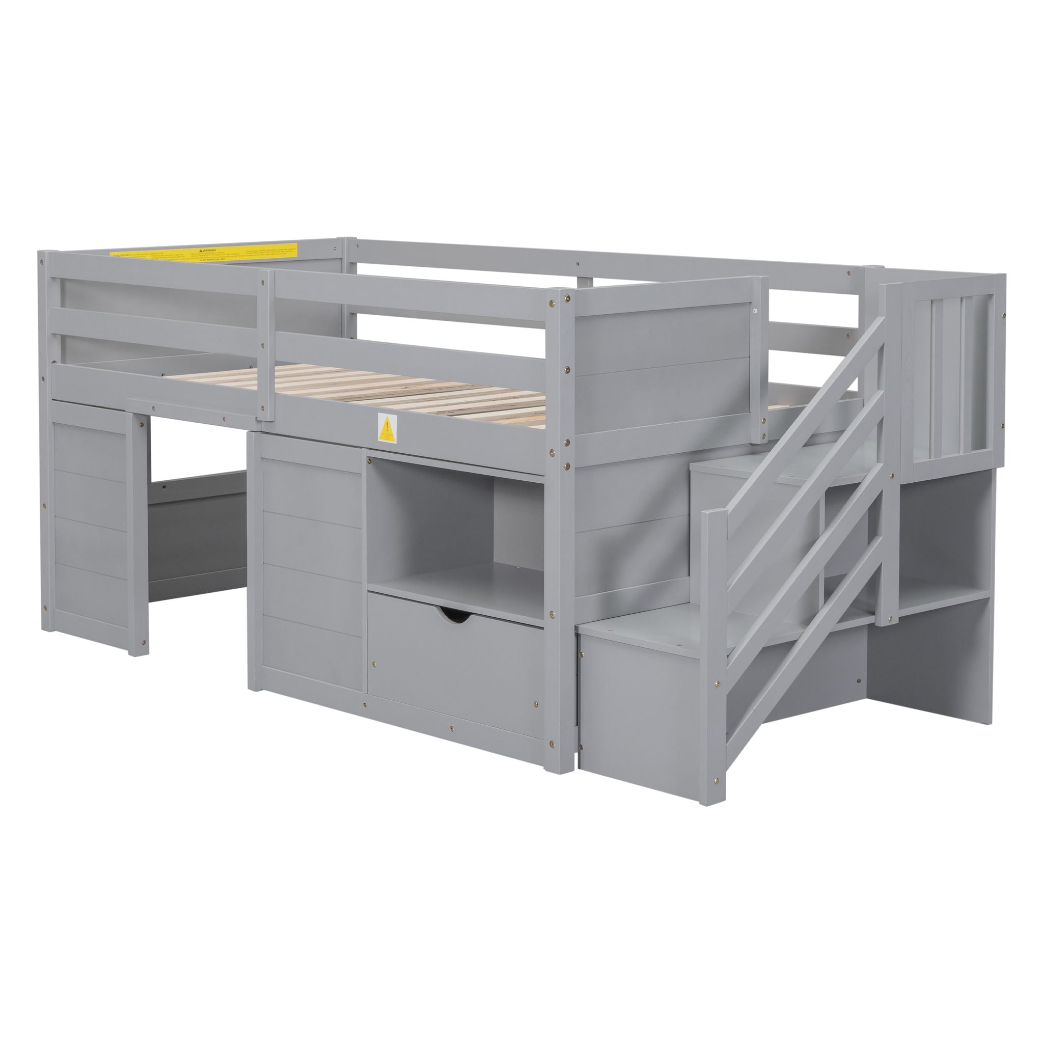Low Loft Bed With Stair, Drawer, And Shelf
