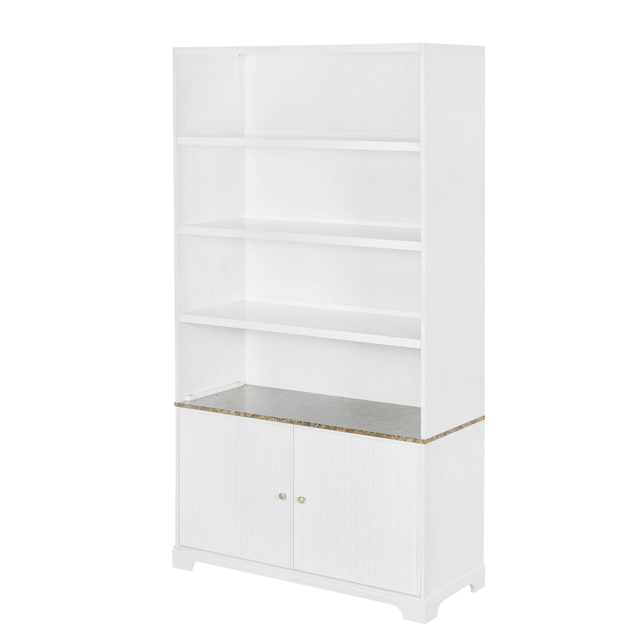 Tall Bookcase Storage Cabinet With 3 Open Shelves & Fluted Double Doors