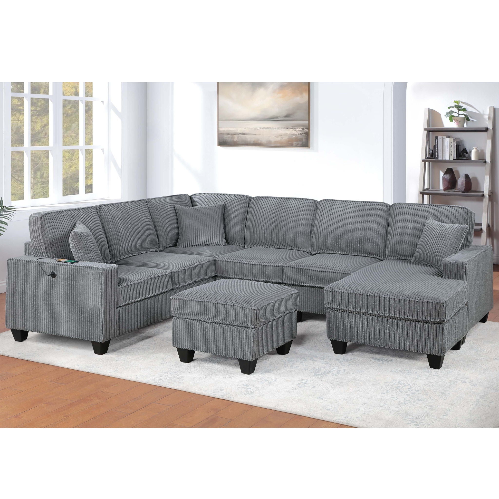 Left Arm Facing Loveseat With USB Port And Storage Sectional Set With Corner Wedge Armless Chair And Cocktail Ottoman - Fog
