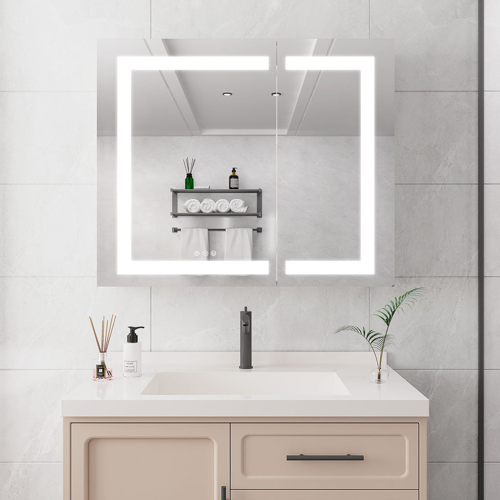 36" X 30" Medicine Cabinet With LED Vanity Mirror, Anti-Fog Recessed Or Surface Mount Bathroom Double Door Large Storage 3000K~6000K Bright Lighted Aluminum Storage Cabinet With Touch Switch - Silver