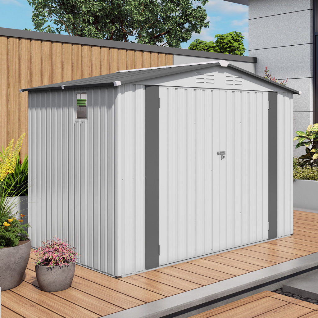 Outdoor Garden Storage Shed, Tool Shed With Pitched Roof Waterproof With 1 Window And 2 Lockable Door - White / Gray