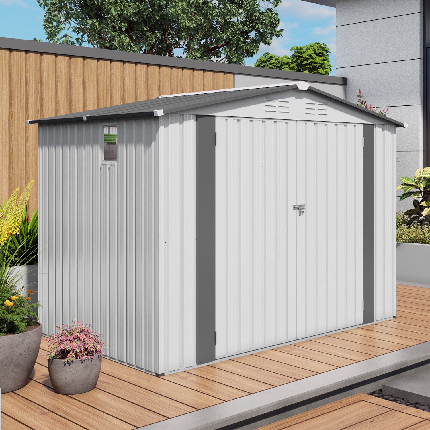 Outdoor Garden Storage Shed, Tool Shed With Pitched Roof Waterproof With 1 Window And 2 Lockable Door - White / Gray