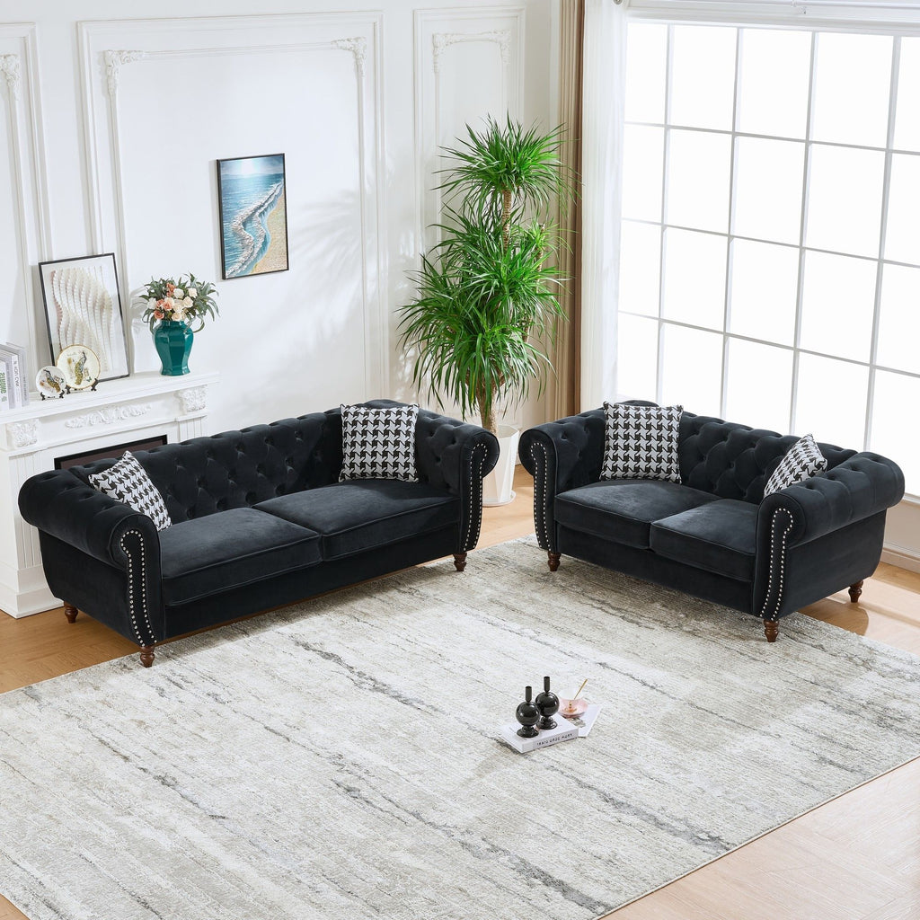 Chesterfield 3 And 2 Seater Upholstery Sofa With Roll Armrest & Nailhead Fabric Couch