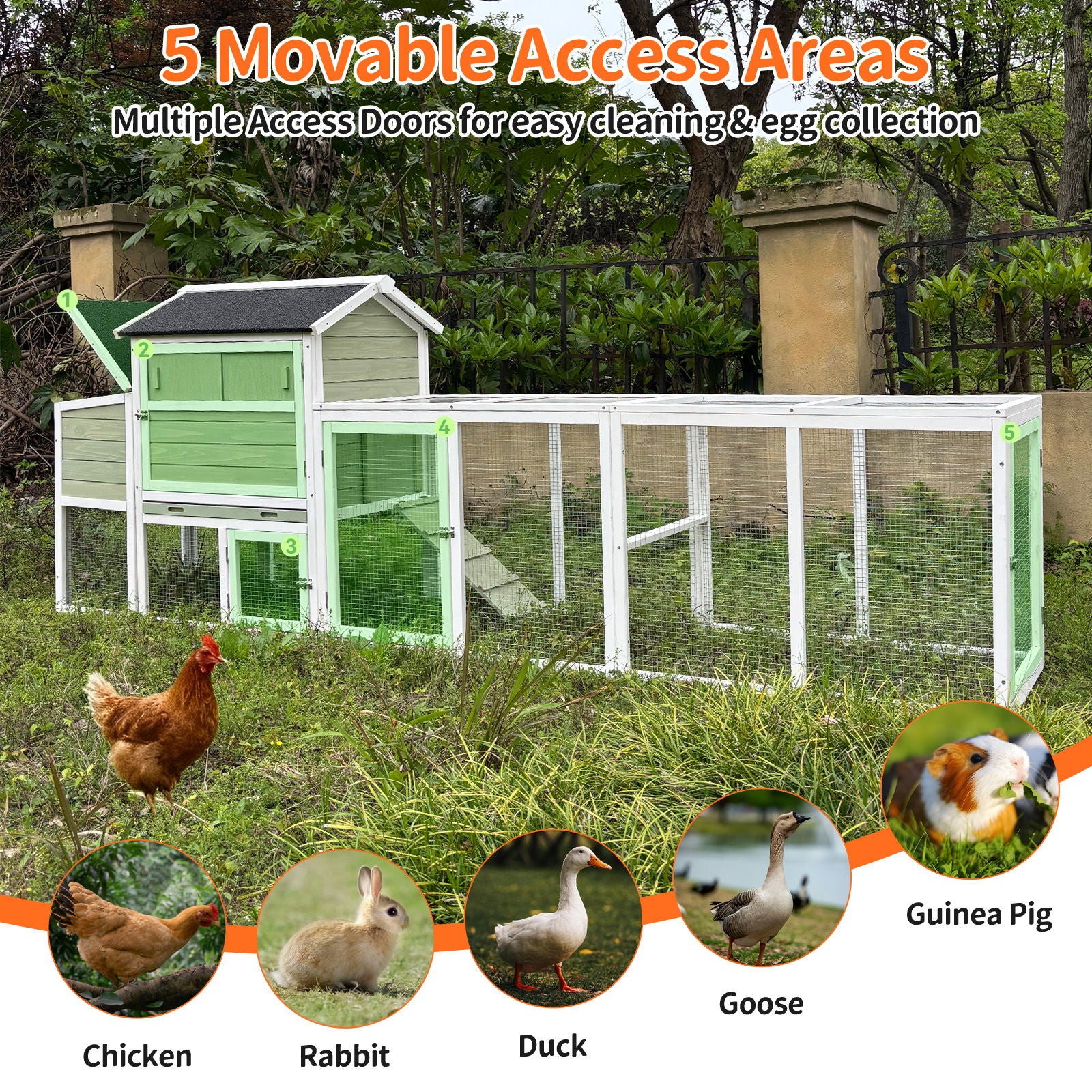 Chicken Coop, Large Outdoor Hen House With Run And Nesting Box Poultry Cage, Rabbit Hutch - Gray Green