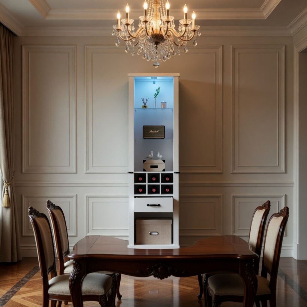 Pantry Cabinet With LED Lights, Wine Rack, Tempered Glass Shelves, And Barn Door Design - White
