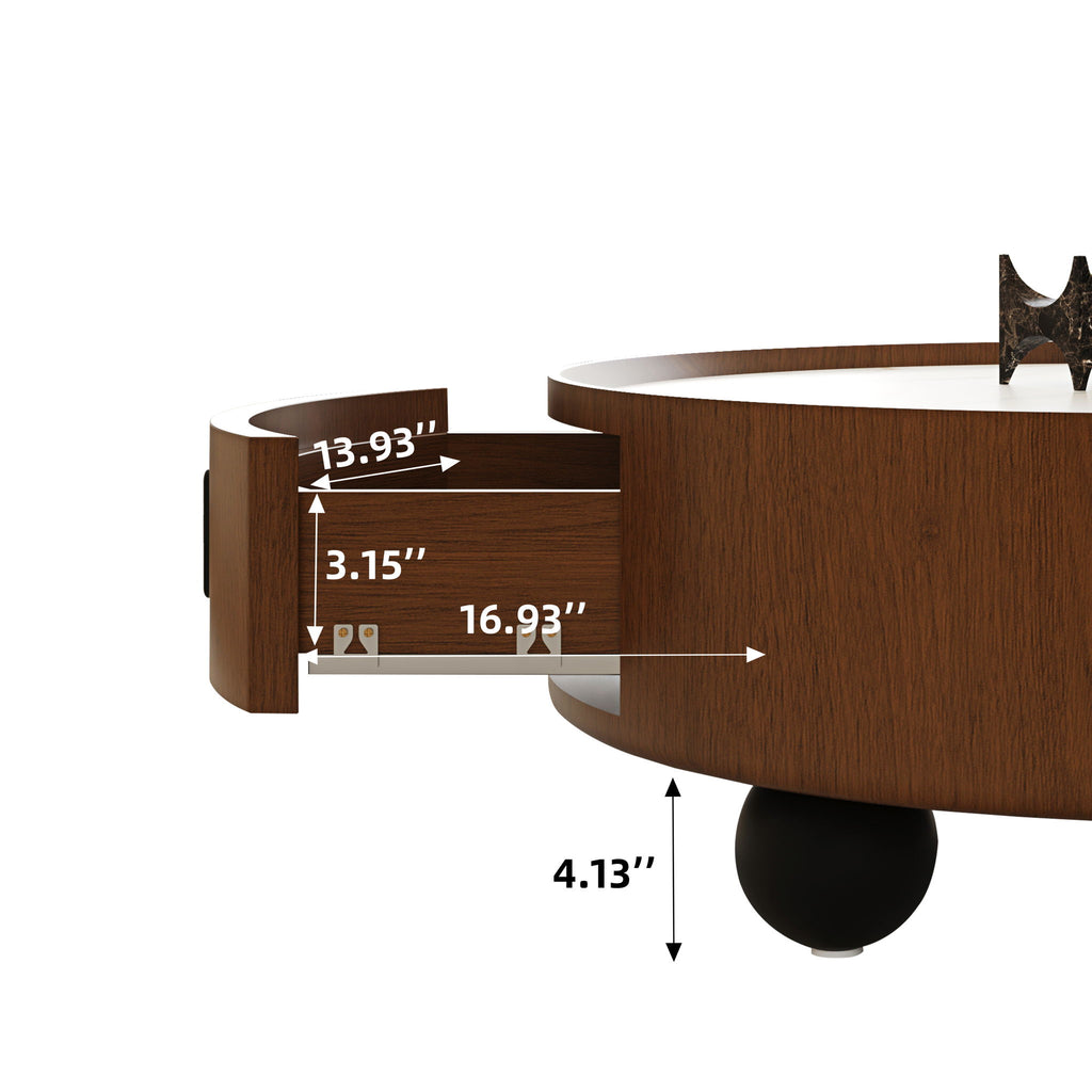 Round Coffee Table With Ball Feet, Pull Handle Storage Drawer - Bouguer Walnut / Brown