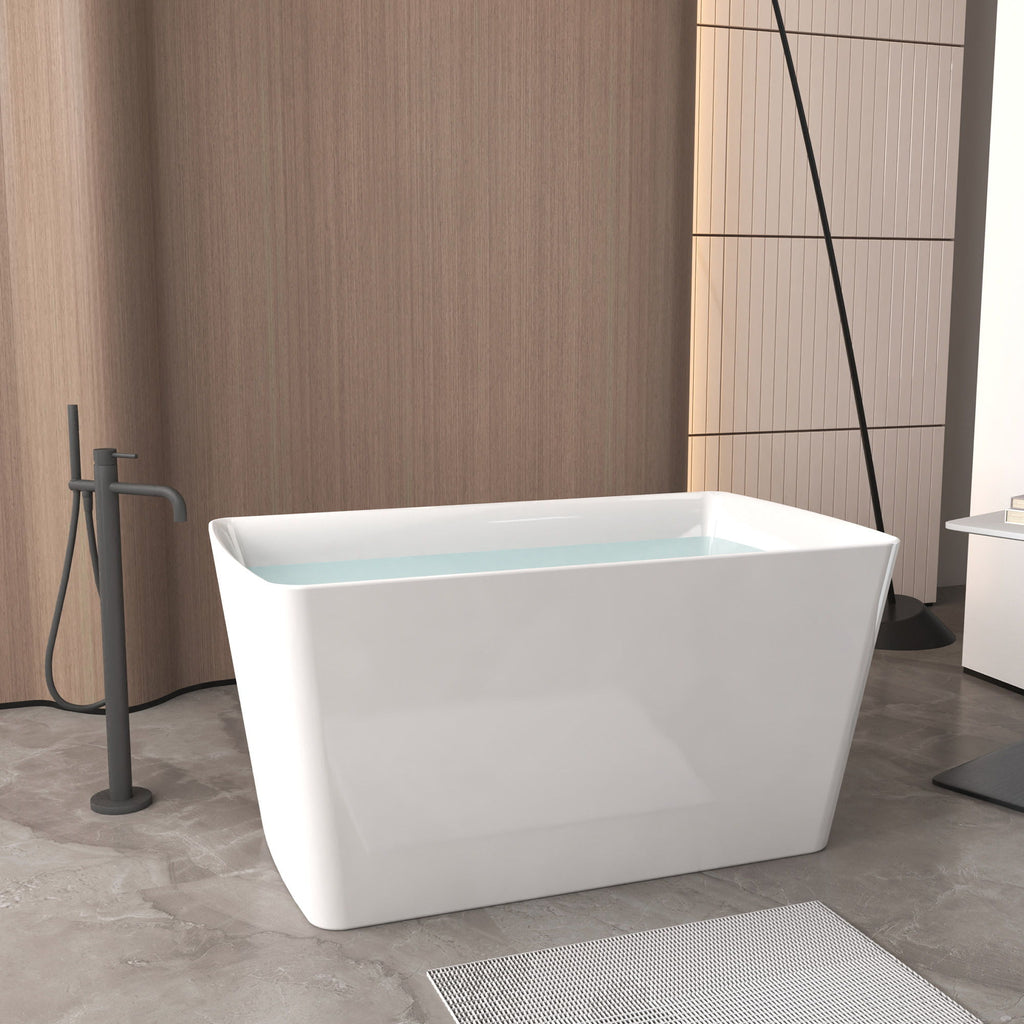 Freestanding Bathtub With Built In Seat, Rectangle Shape, Invisible Overflow & Pop Up Drain - Gloss White