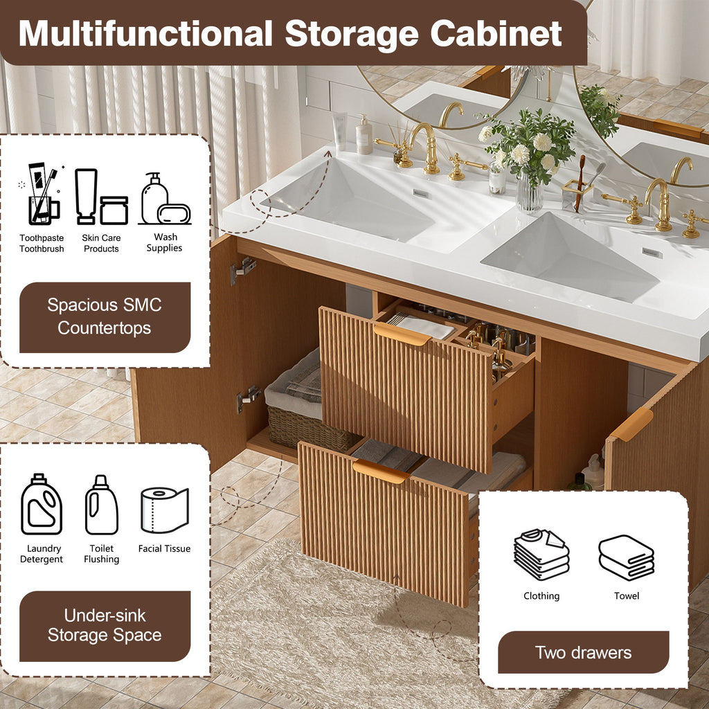 Double Sink Bathroom Vanity, Cabinet, Soft Close Doors, Divided Drawers, Wall Mounted Storage - Wood