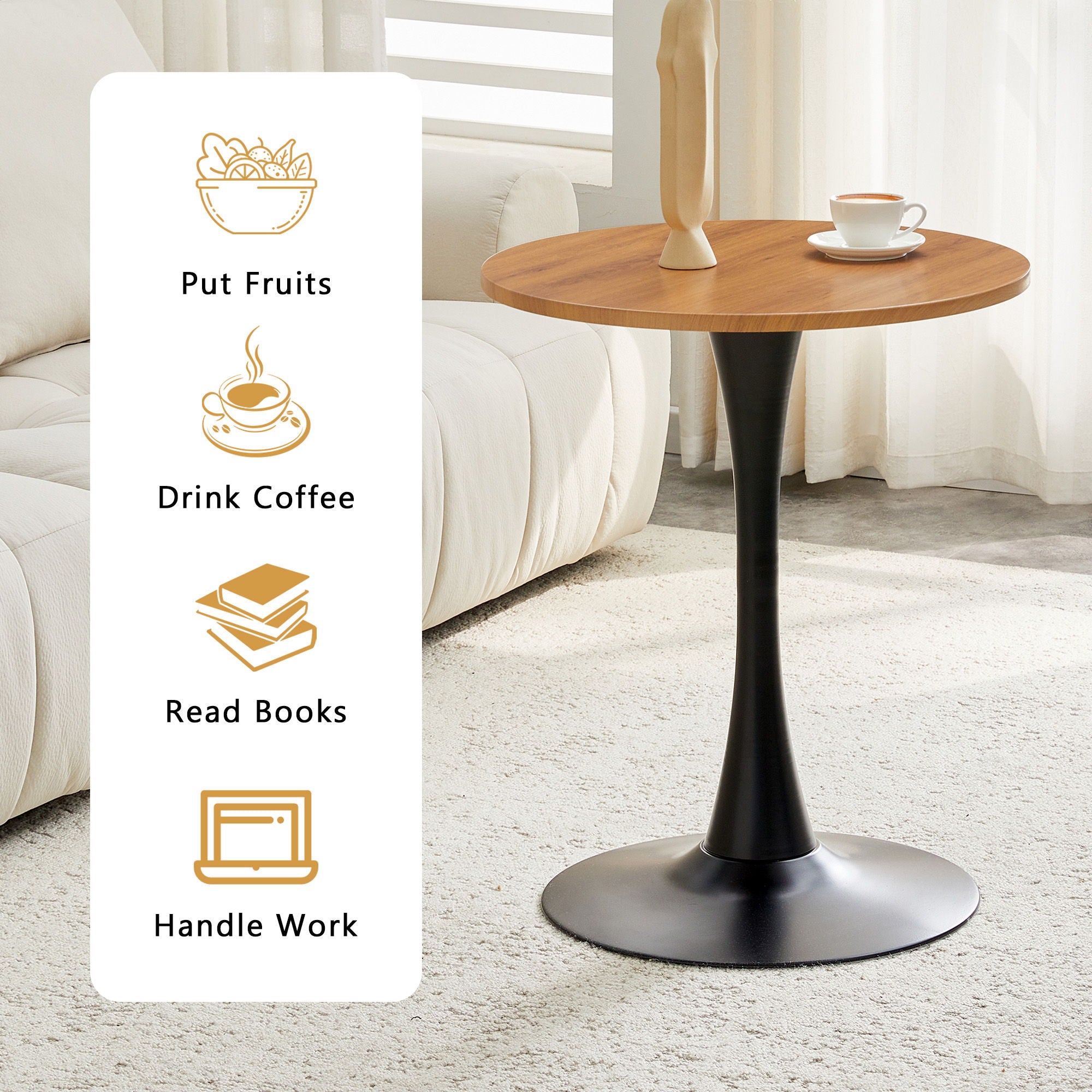 Round Dining Table With Faux Wood Top And Metal Pedestal, 23.6" Circle Table For Kitchen, Living Room, Small Spaces